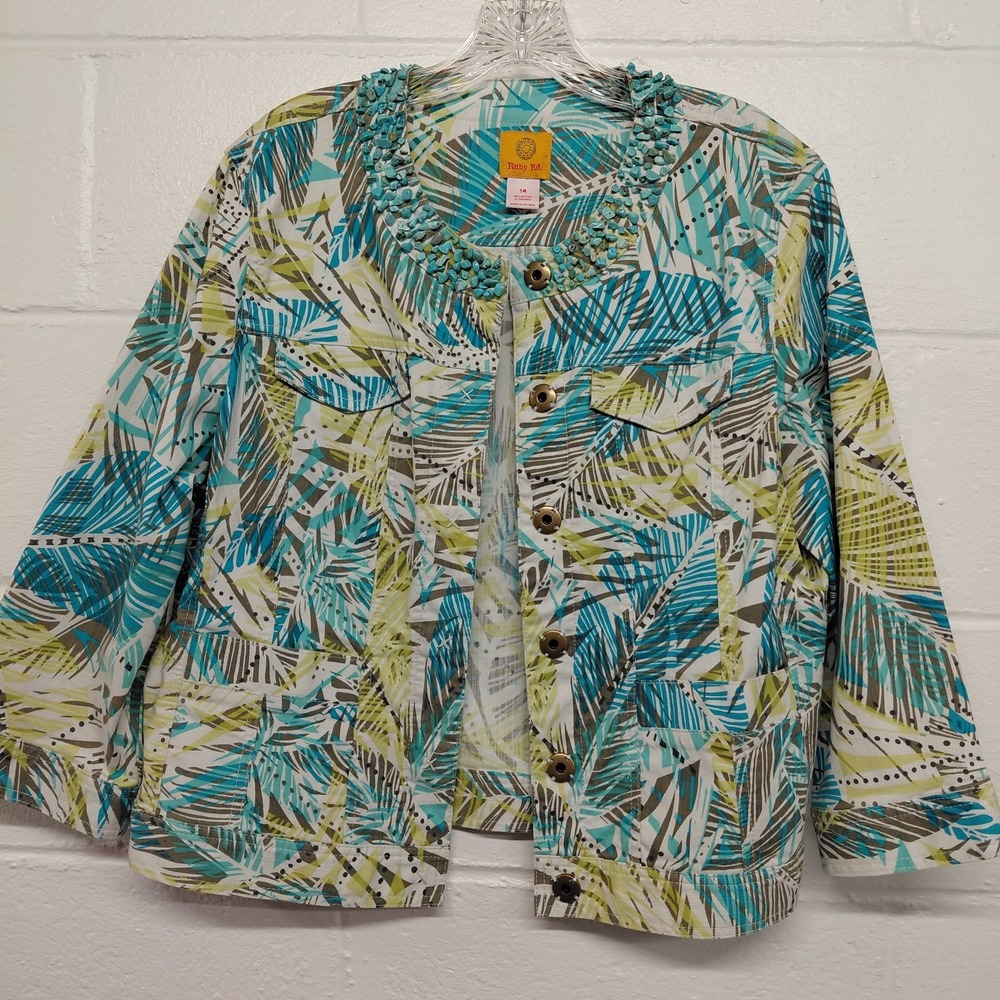 Ruby Rd Cotton Denim Jacket Turquoise Beaded Mock Collar Snap Button Size 14